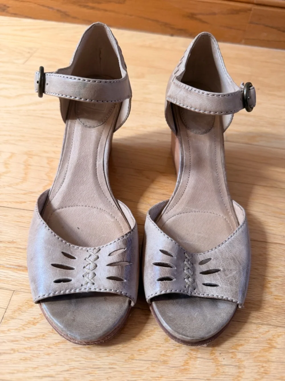 Frye Taupe Suede Wedge Sandals with Ankle Strap - Picture 5 of 7